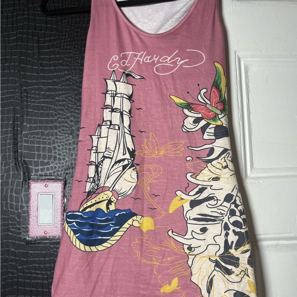 Ed Hardy Pink and Yellow Graphic Tank